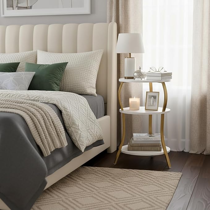 Vintage Small Round Side Table, 3-Tier Slim Waist Circular End Table with Storage Shelf, Compact Tea Sofa Table, Round Corner Coffee Table Nightstand for Living Room Bedroom Small Spaces,White+ Gold