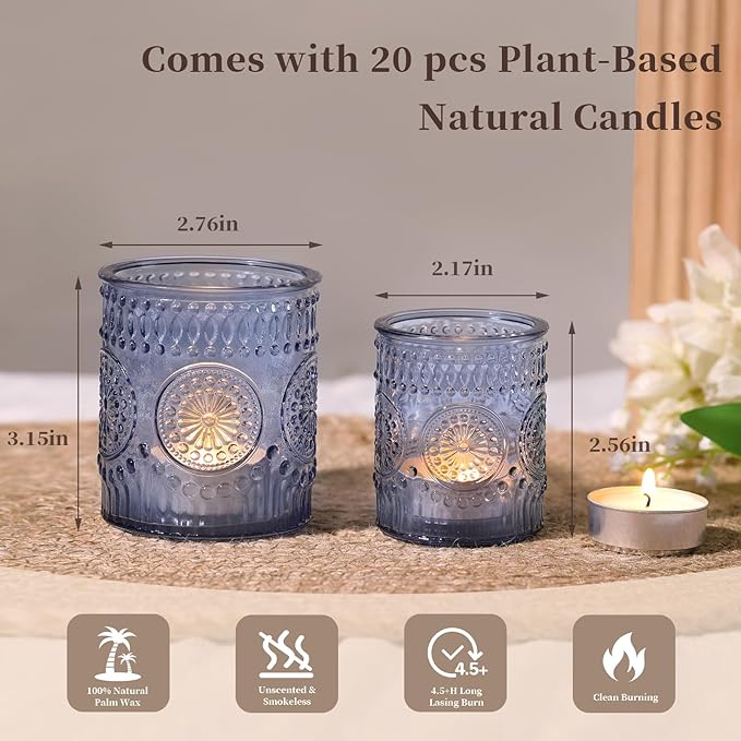 Volens 20pcs Assorted Blue Votive Candle Holders with 20pcs Tealight Candles, Large Glass Votive & Tea Light Candle Holder for Wedding Table Centerpieces, Christmas Party Decorations, Fall Home Decor