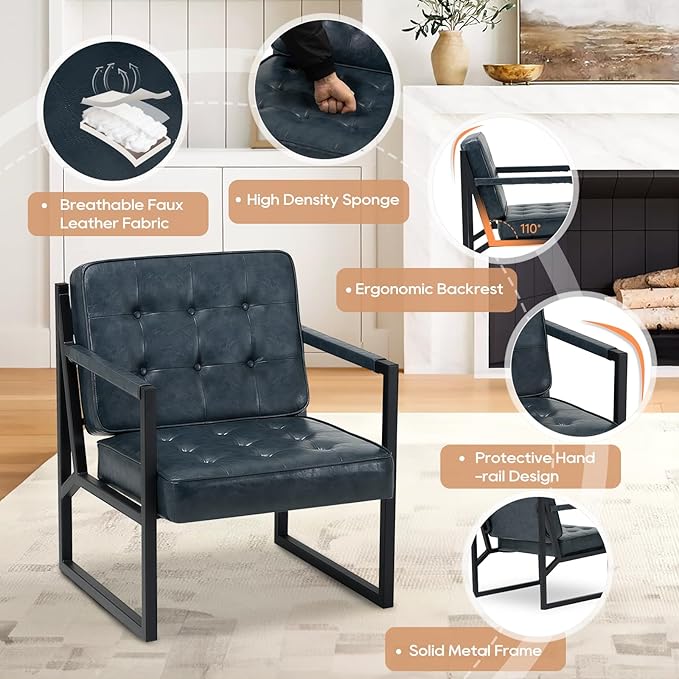 COLAMY Accent Chairs Set of 2, Modern Accent Arm Chairs for Living Room, Comfy Leather Armchairs with Metal Legs for Bedroom Reception Room, Blue