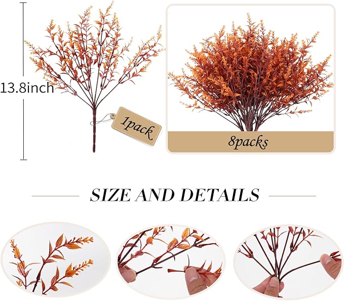 RECUTMS Outdoor Faux Plants Fall Fake Lavender Plants UV Resistant Artificial Greenery Artificial Flowers Indoor 8Pcs Fake Outside Flowers for Balcony Window Garden Thanksgiving Decorations (Brown)