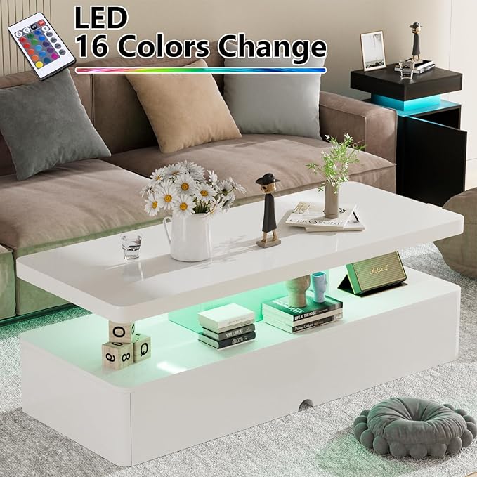 oneinmil Modern Stylish Coffee Table with 16 Colors LED Lights, Double-Layer Design for Living Room, White