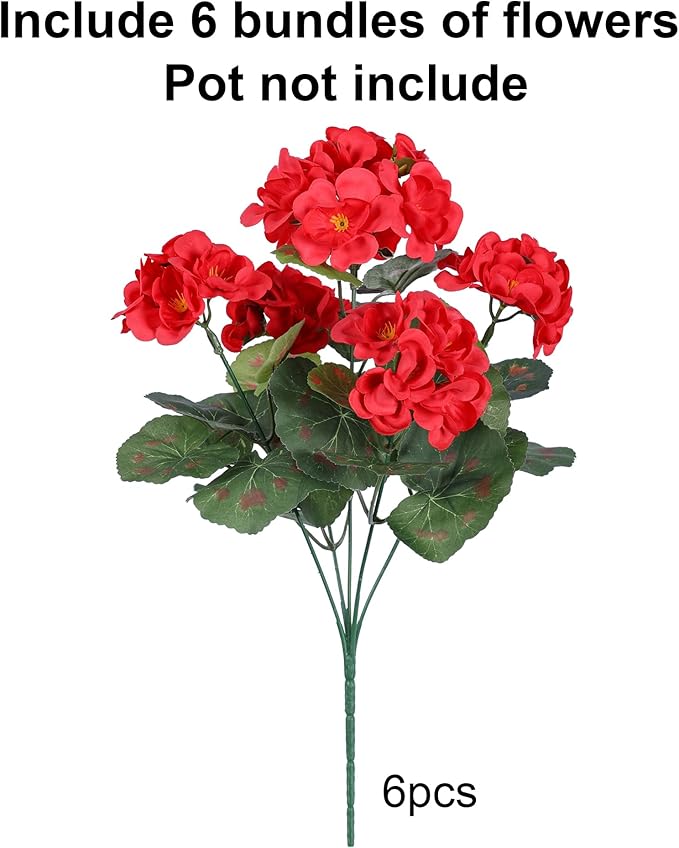 Artificial Geraniums Fake Flowers for Outdoors Decoration, 6 Bundles Silk Geraniums Red Flower UV Resistant Look Real Faux Plants for Front Door Garden Porch Planter Patio Balcony Yard Indoor Home