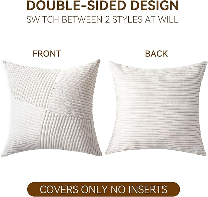Decorative Throw Pillow Covers 20x20 Inch Set of 2 for Boho Living Room Farmhouse Home Decor, Spring Pillow Covers for Couch Bed, Soft Corduroy Striped Patchwork Cushion Cases, Cream White