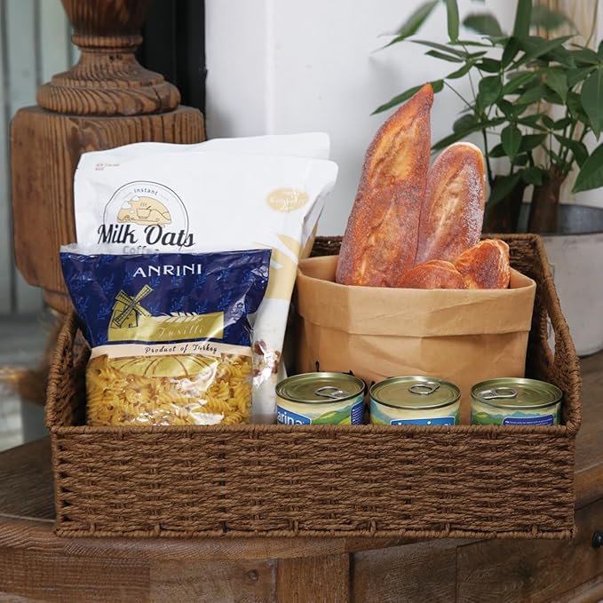 Wicker Baskets for Organizing,Pantry, Kitchen Counter with Handles, Handwoven Woven Storage Baskets for Fruit, Bread, Vegetable, Paper Storage Bins for Shelves, 3 Pack, Brown 2 Set