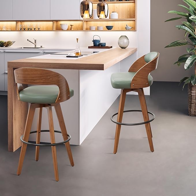 Barstools Set of 2,Bar Height Bar Stools for Kitchen Island,30.3 Inch Modern Upholstered Bar Chair, Swivel Bar Stools with Back and Wood Legs(Green-PU)