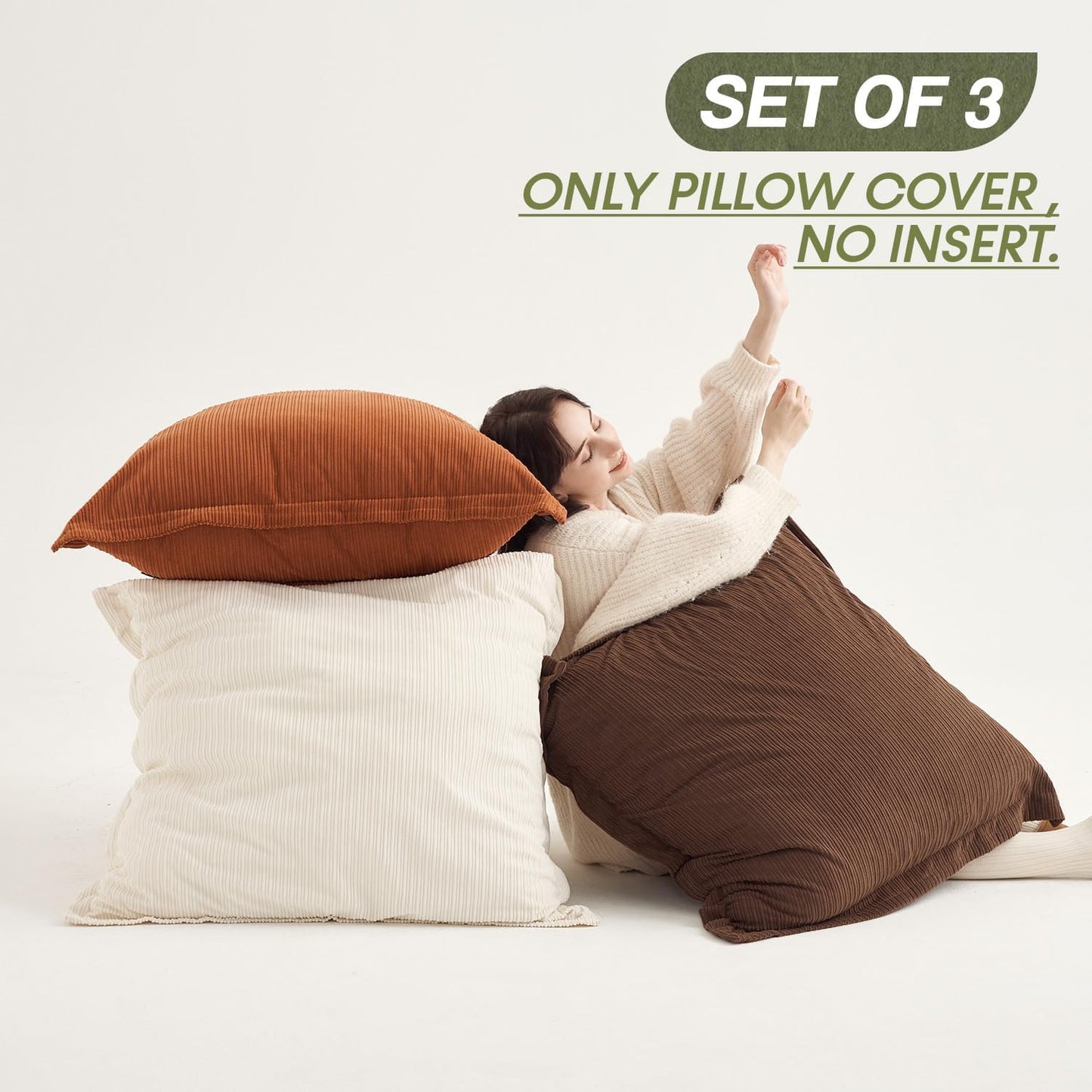 Set of 3 Super Soft Vintage Oversized Pillow Covers 26x26inch, Striped Corduroy Decorative Cushion, Home Decor for Expansive Living Rooms & Bedrooms (Earthy Brown, Rust & Cream