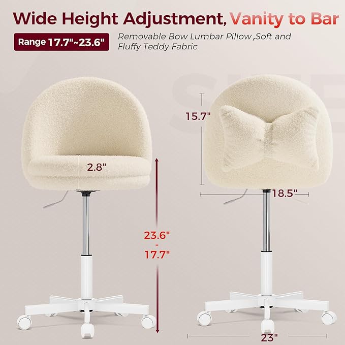 COMHOMA Vanity Chair with Teddy Velvet, Small Tall Armless Chair with Back, Cute Candy Chair for Girls Gift Living Room/Makeup Room/Bedroom/Kitchen (Height Use: Adjustable from Desk to Bar Height)
