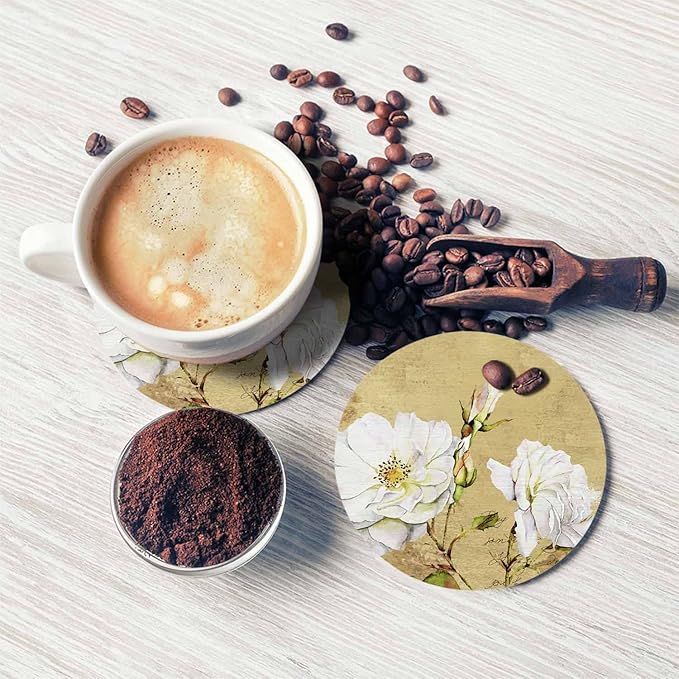 Vintage Roses Floral Coaster Old French Book Design Retro Romantic Flowers Bouquet Tabletop Protection for Any Table Type Wood, Granite, Glass, Soapstone, Sandstone, Marble, Stone Tables