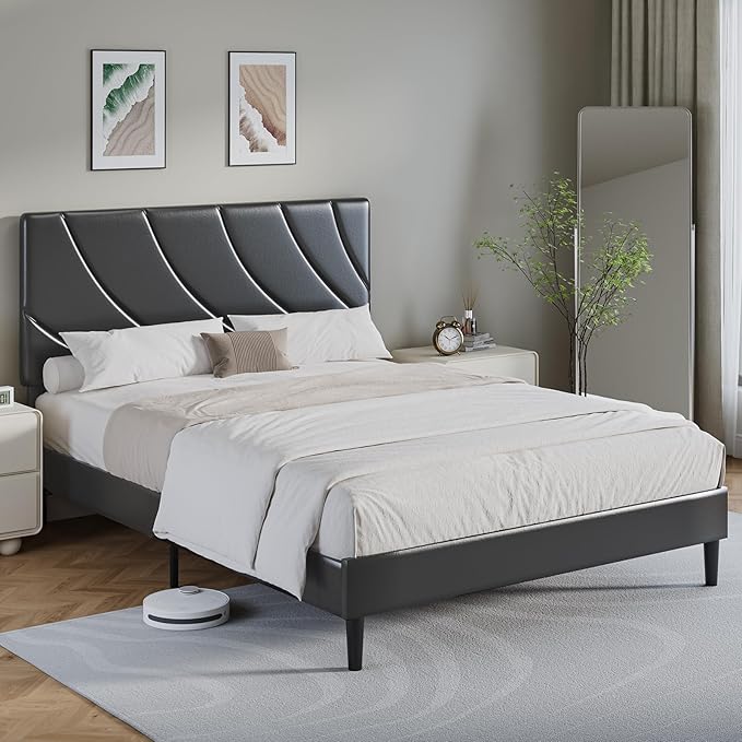HOMBCK Bed Frame Full Size with Headboard, Linen Upholstered Bed Frame with Strong Wood Slats, No Box Spring Needed, Easy Assembly, Grey