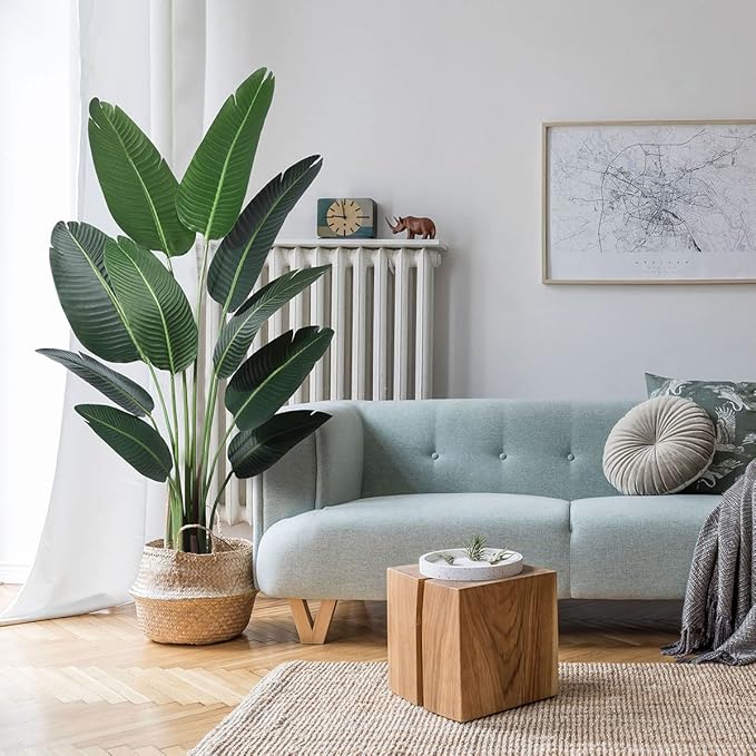 Artificial Bird of Paradise Plants 5Ft Fake Tropical Palm Tree with 10 Trunks in Pot and Woven Seagrass Belly Basket Perfect Faux Plant for Home Indoor Outdoor Office Modern Decor Green
