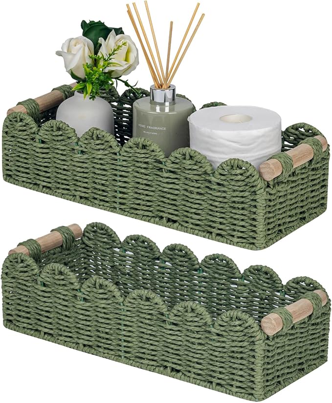 CubesLand Scalloped Decor Basket for Living Room, Home, Bathroom, 2SAME SIZE Paper Rope Basket, Toilet Storage Baskets for Over Toilet Storage Shelf, Cozy Woven Basket Both Storage&Decor, Green