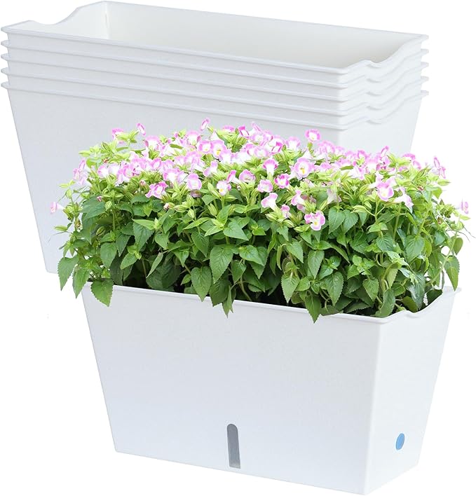 Window Box Planter 6 Pcs, 12.1 Inches Self Watering Plant Pots Rectangle Flower Pots with Drainage Holes and Breathable Trays, Vegetable Planters for Windowsill Patio Garden Balcony Porch Yard (White)