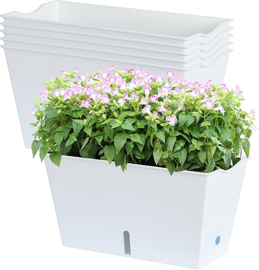Window Box Planter 6 Pcs, 12.1 Inches Self Watering Plant Pots Rectangle Flower Pots with Drainage Holes and Breathable Trays, Vegetable Planters for Windowsill Patio Garden Balcony Porch Yard (White)