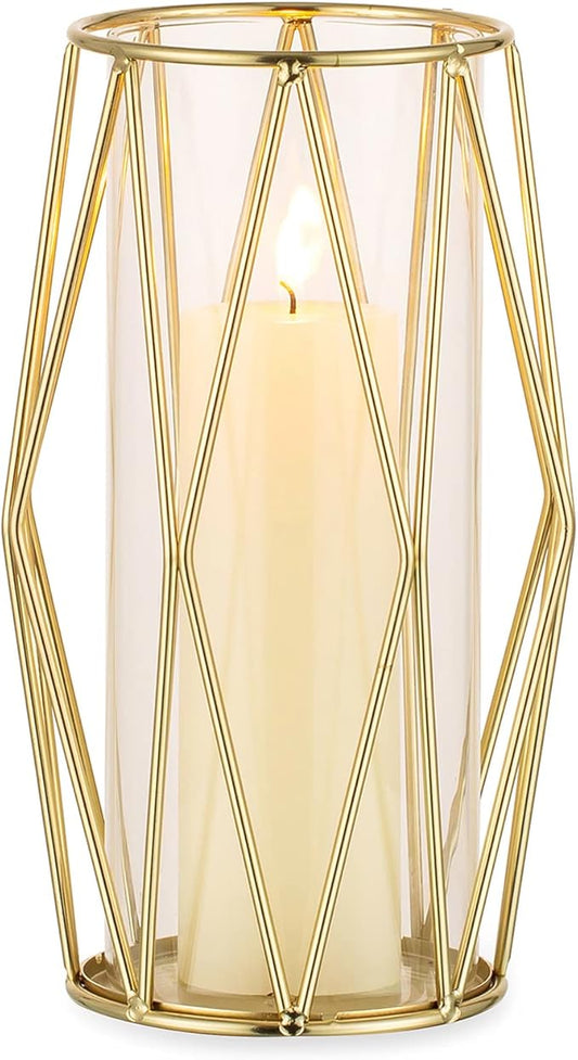 Nuptio Gold Pillar Candle Holder: Glass Hurricane Candles Holders with Geometric Metal Rack Stand for Wedding Birthday Party Centerpieces - Decorative Flower Vase for Office Living Room