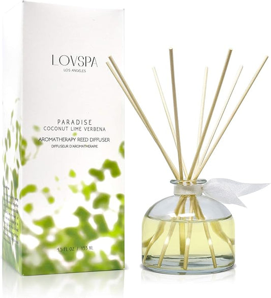 LOVSPA Reed Diffuser Set, Paradise Coconut Lime Verbena Scented Oil Diffuser with Sticks, Home Fragrance Accessories for Bathroom Shelf Decor, Aroma Diffusers for Home or Office Desk, USA Made