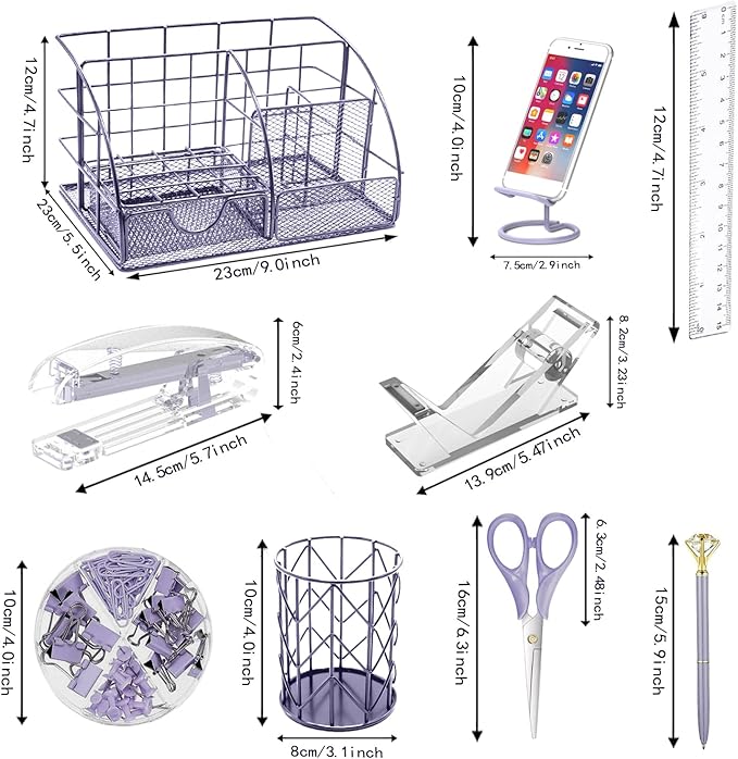 Purple Office Desk Organizers,Purple 13PCS Office Supplies and Accessories Desk organizer, Acrylic Stapler, Staple Remover, Clips, Scissor, Phone Holder, Pen, Pen Holder, Tape Dispenser
