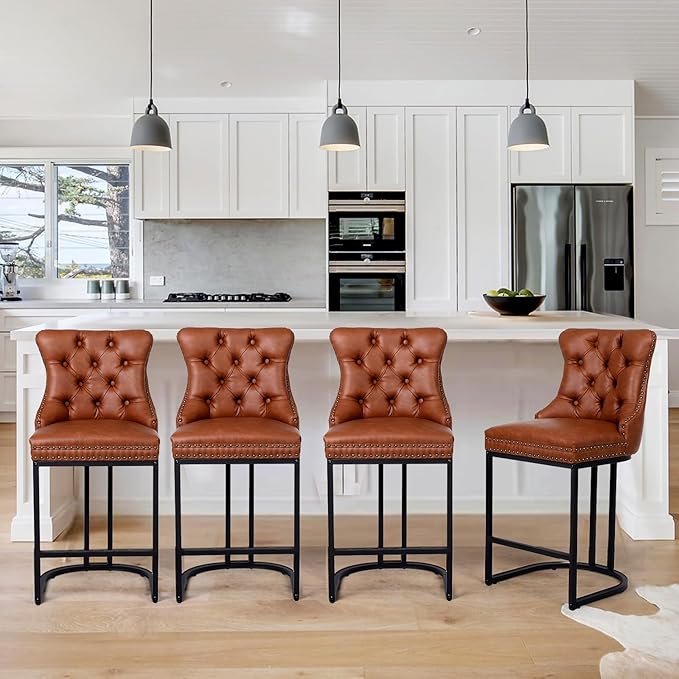 UVV Counter Height Bar Stools Set of 1, 26" Modern Barstools with Back, Faux Leather Upholstery Counter Chairs with Metal Legs for Kitchen Island, Bar, Counter, Brown