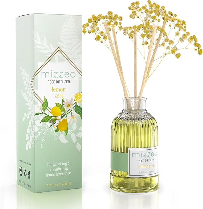 MIZZEO Reed Diffuser Set, Lemon Zest 6.76 fl oz Highly Scented Room Diffuser Home Fragrance Essential Oil Reed Flower Diffuser, House Bedroom Office Decor & Gifts