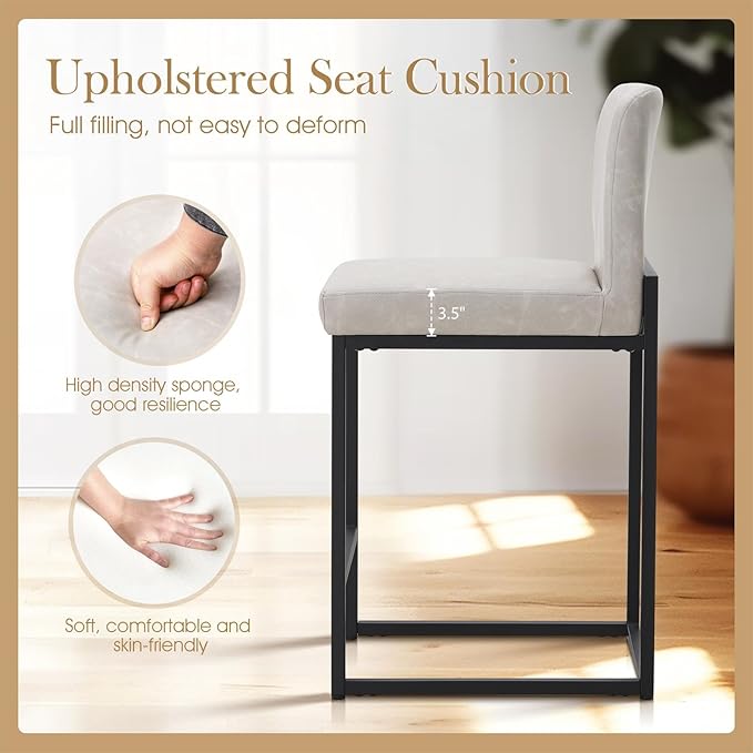 Sophia & William Light Grey Bar Stool, Counter Height 24" Bar Stools with Backs, Modern PU Leather Kitchen Island Bar Chairs,1 Pack