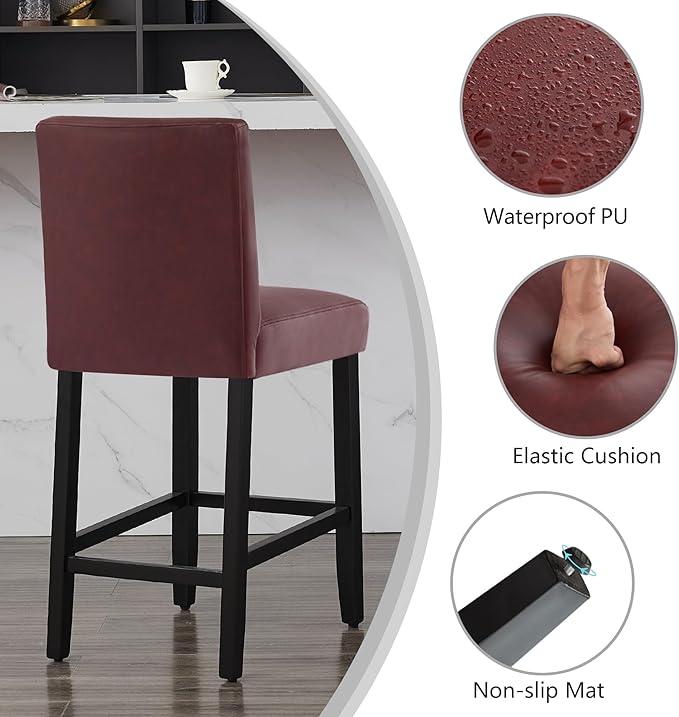 26'' Faux Leather Bar Stools, Modern Upholstered Bar Chairs with Back, Soild Wood Legs Barstools for Kitchen Island, Red