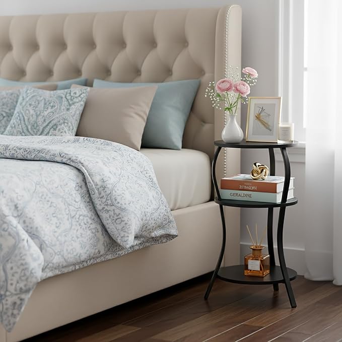 Vintage Small Round Side Table, 3-Tier Slim Waist Circular End Table with Storage Shelf, Compact Tea Sofa Side Table, Round Corner Coffee Table Nightstand for Living Room Bedroom Small Spaces,Black