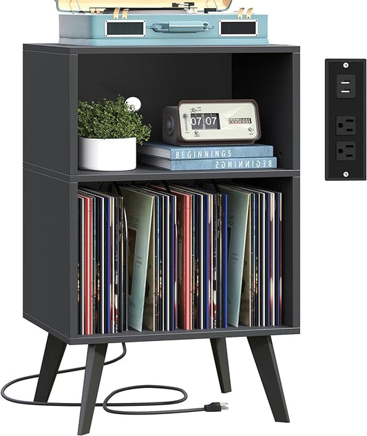 Record Player Stand, 3-Tier Side End Table with Charging Station, Turntable Stand Up to 160 Albums, Vinyl Storage Cabinet Dispaly Shelf for Living Room, Classic Black
