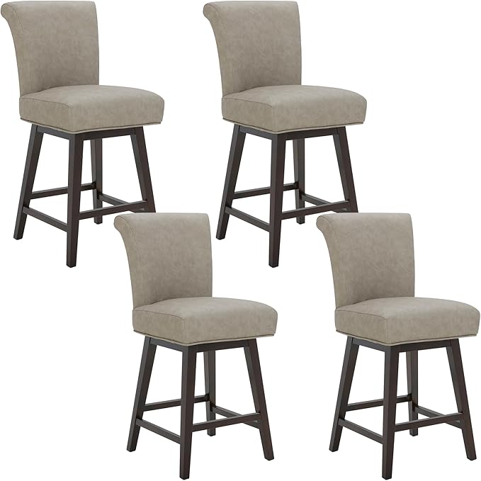 CHITA 26 Inch Counter Height Swivel Bar Stools Set of 4, FSC Certified Modern Upholstered Faux Leather Swivel Barstool Chair with Back, Stone Grey