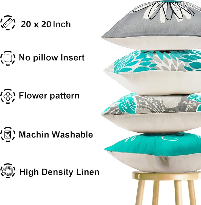 Decorative Throw Pillow Covers Set of 4 Teal Pillow Covers 20x20 inch inch Throw Pillow Cases Linen Square Pillow Case,Farmhouse Outdoor Modern Pillow Covers for Couch Sofa Living Room