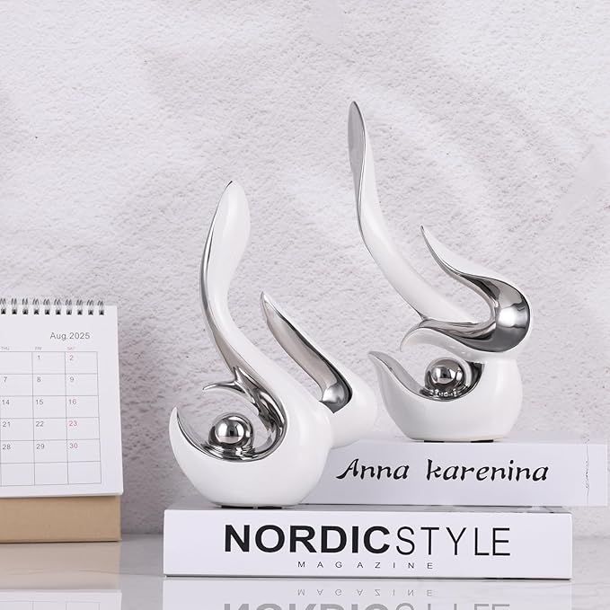 White and silver accents, ceramic abstract sculptures and statues, modern art mid century decor coffee table living room dining room table bedroom office home shelving fireplace countertop decor.