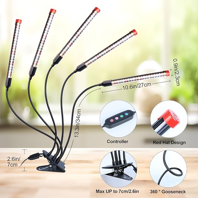GameChanger! 45W, NOT 15W, 5Head Strong Clip Grow Lights for Indoor Plants with Timer, Best Gift for Plants Lover, LED Plant Growing Lamp for Houseplants, Bonsai, Seed Starting, Seedlings, VEG, Flower