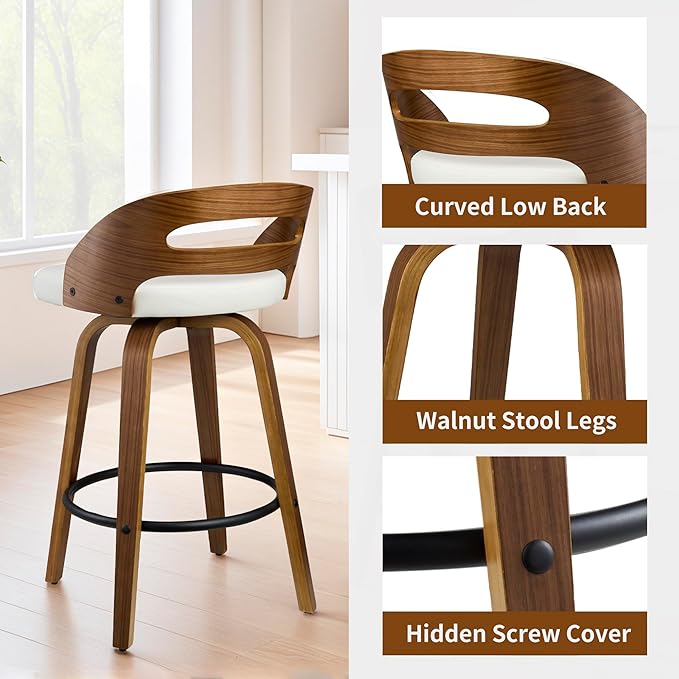 26" Swivel Bar Stools Set of 2, Mid-Century Modern Counter Height Chairs with Beige PU Leather, Curved Backrest & Footrest for Kitchen Island, Home Bar, Dining Room
