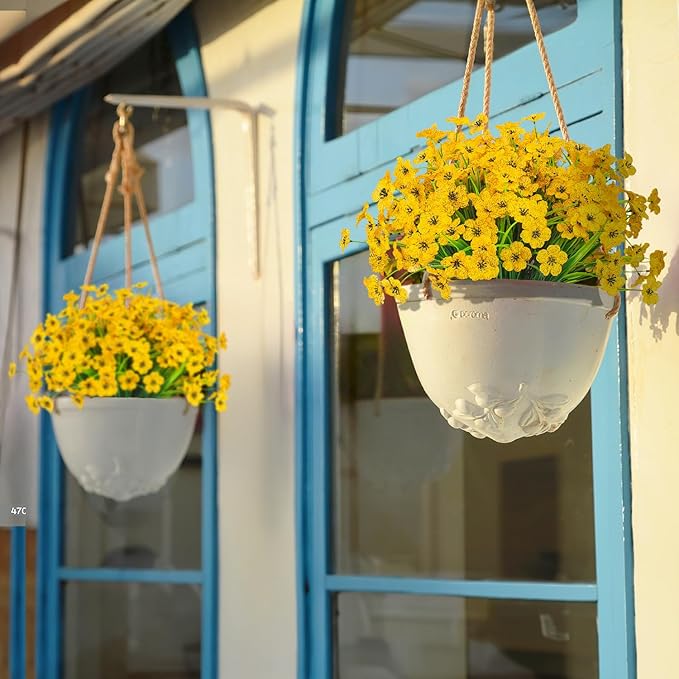Outdoor Artificial Flowers 21 UV Resistant Bundles Fake Flower Plastic Plants Faux Silk Flowers Porch Hanging Garden Porch Window Box Decorating (Yellow)