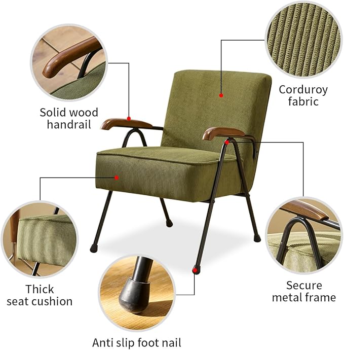 MFFM Fabric Armchair, Modern Accent Chair High Back, Living Room Chairs with Metal Legs and Soft Padded, Sofa Chairs for Home Office,Bedroom,Dining Room (Green)