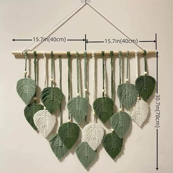 MSFENG Wall Hanging Decor Leaves Tapestry Boho Wall Decor Woven Feather Handmade Yarn Tassels Woven Wall Art Decorations for Nursery, Bedroom, Living Room, Apartment Home Backdrop (LightGreen-M)