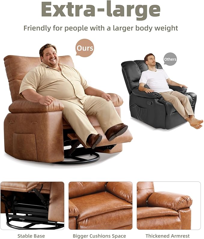 GarveeHome Oversized Rocker Swivel Recliner Chair - PU Leather Extra Wide Manual Recliner for Adults, Large Lazy Chair with 1.5X Sponge Comfort Arm and Back for Living Room, Bedroom