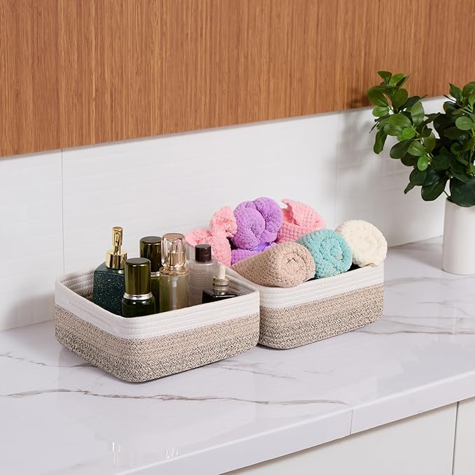 Small Square Shallow Baskets for Organizing, 9.7x9.7x4.3 Inch Rope Woven Storage Bins for Cubes Closet, Shelves Storage, Boho Decorative Basket, 2 Packs Gradient Brown