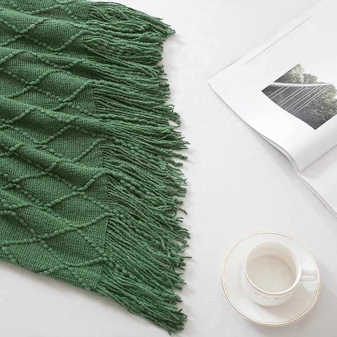 BOURINA Green Throw Blanket 50x60 Inches Throw Textured Solid Soft Sofa Couch Decorative Knit Blanket