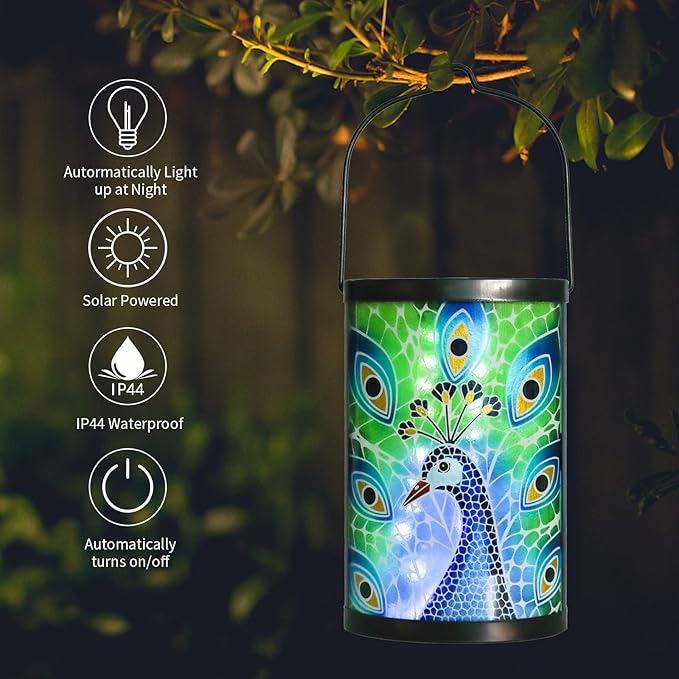 Afirst Hanging Solar Lantern Outdoor Glass Peacock Lights Waterproof LED Lamp for Garden Yard Tree Desk Decor