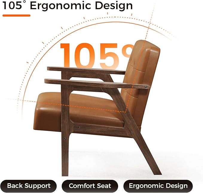 Casaottima PU Leather Accent Chair Mid Century Comfy Cozy Chair with Solid Wood Legs,Modern Arm Reading Chair with Button Tufted Back for Living Room Bedroom (Dark Brown)