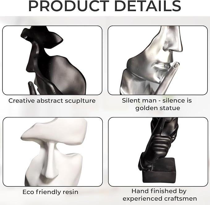 Silence is Golden Thinker Statue - 28cm Modern and Creative Abstract Sculpture of Keep Silent Man Statue Figurine for Home Living Room Office Desk Decor (White)