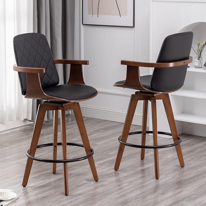Counter Stools Set of 2, Upholstered Faux Leather Counter Height Bar Stools, Swivel Counter Chairs with Wooden Arms and Legs (Black, 26" Seat Height)