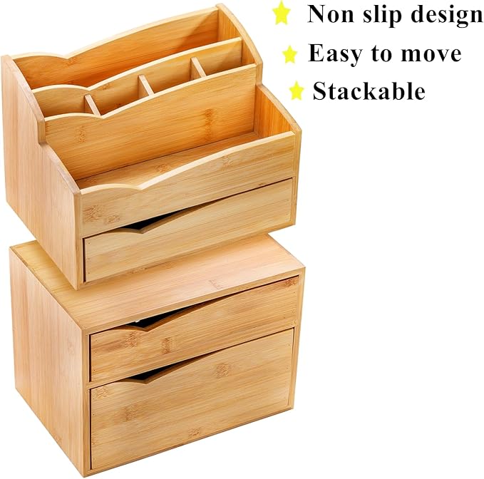 Yopay 2 Pack Bamboo Desk Organizer, Stackable Desktop Organizers with 3 Drawers, Bamboo Office Tabletop, Countertop Organization for Stationery, Makeup Vanity, Fully Assembled