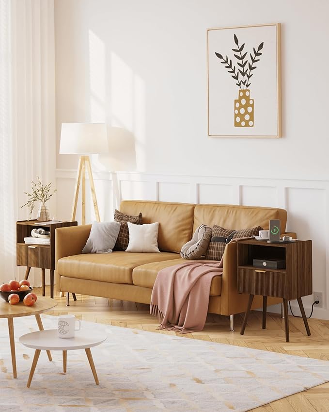 Nightstand with Outlet,Modern Bedside Table with Storage Drawer and Open Wood Shelf, for Living Room, Bedroom and Small Spaces, Accent Night Stand with Solid Wood Legs, Easy Assembly,Brown