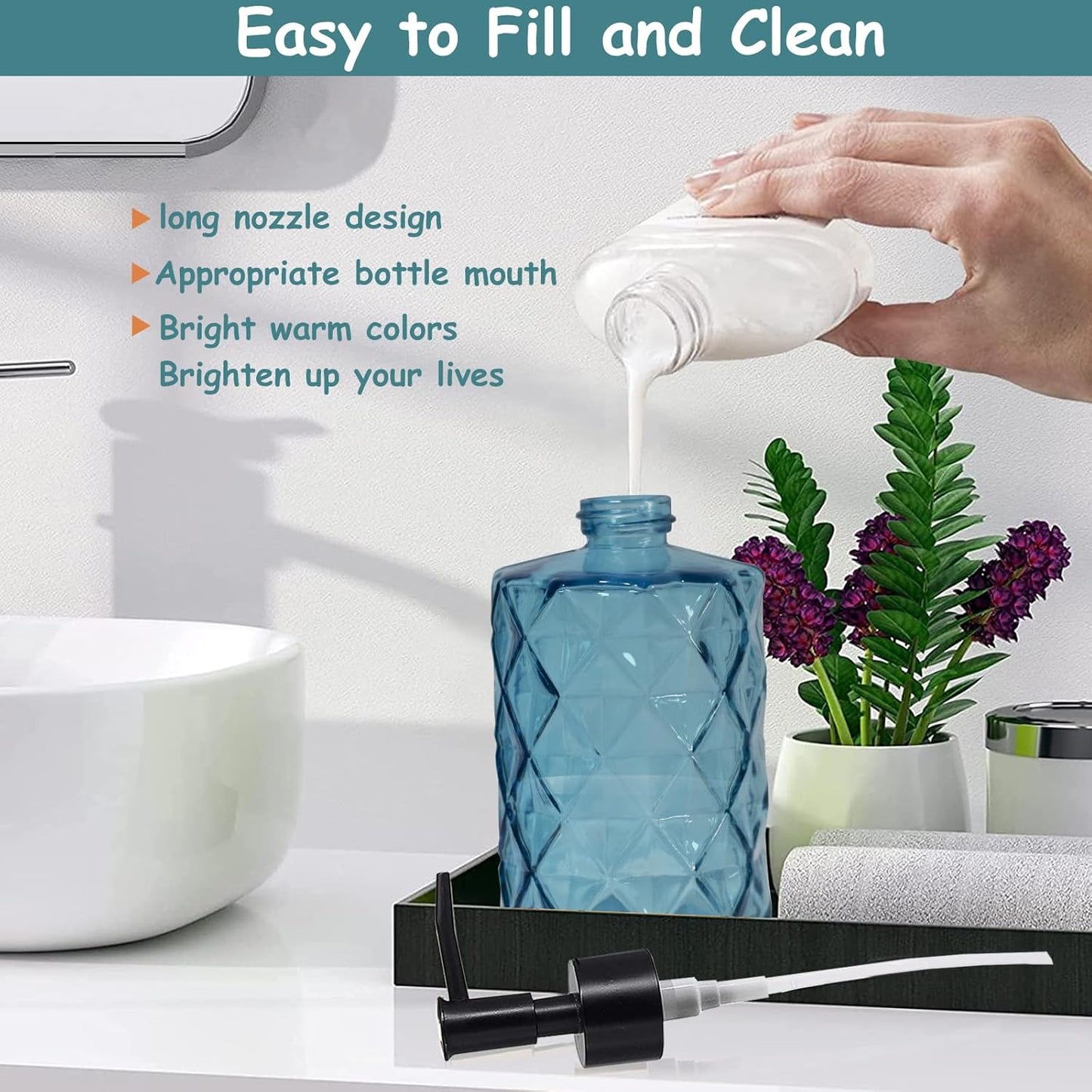 Blue Glass Soap Dispenser with Black Plastic Pump, 12oz Refillable Liquid Hand Soap Dispenser, 2 Pack Crystal Lotion Bottle for Modern Home Decor, Bathroom, Kitchen Countertop, Hotel