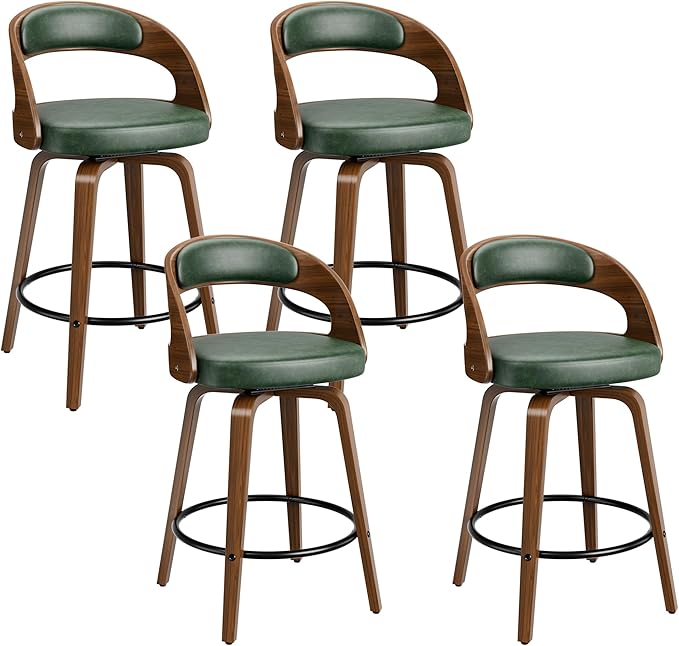 Swivel Bar Stools Set of 4, 26" Upholstered Faux Leather Barstools with Bentwood Legs, Mid Century Modern Counter Height Bar Stools with Back for Kitchen Island, Dining Room, Green