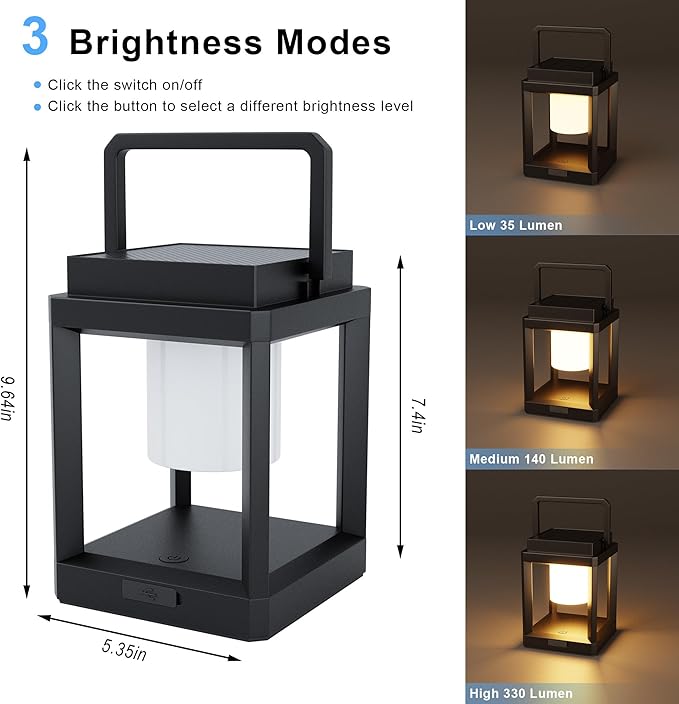 Outdoor Solar Table Lamp, 3-Level Brightness Warm LED Lantern, USB & Solar Powered Solar Lantern Waterproof, Touch Control Outdoor Lamps, Portable Cordless Lights for Patio, Balcony, Bedroom