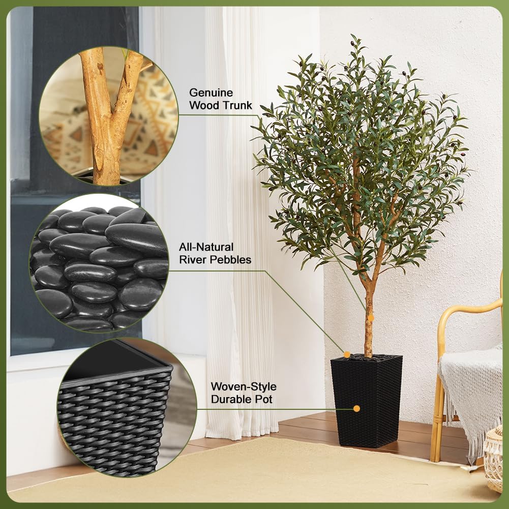 Artificial Olive Tree 6FT, Faux Olive Trees with Real Wood Trunk, UV Resistant Fake Plants in Planter & River Rocks, Indoor Tall Silk Plant for Home Living Room Office Outdoor Decor, VN133