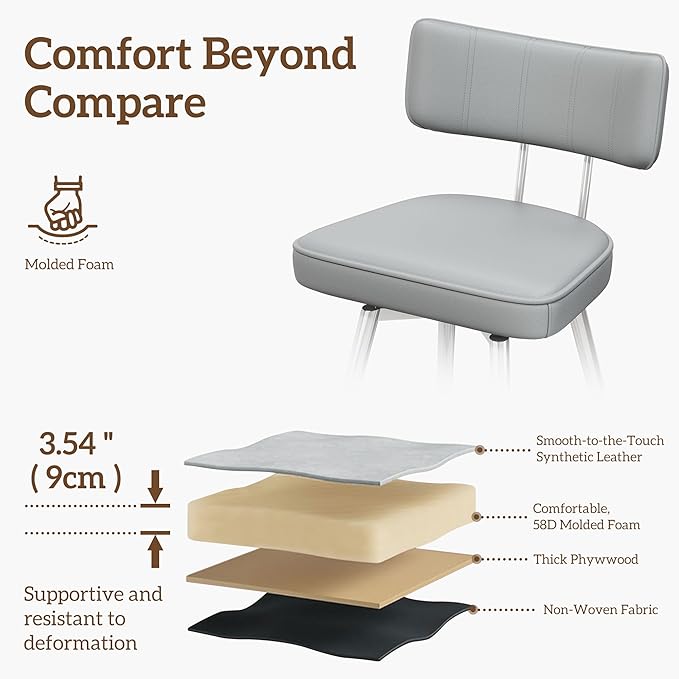 Swivel Counter Height Bar Stools Set of 2, 26" Leather Kitchen Swivel Counter Stools with Backs, Metal Legs and Footrest, Bar Chairs for Kitchen Island, Gray