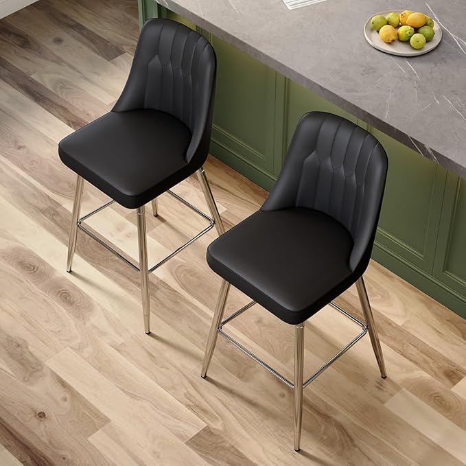 Black Bar Stools Set of 2,27" Counter Height Bar Stools Set of 2,Faux Leather Counter Stools with Soft Padded Seat & Curved Backrest,Modern Kitchen Island Chairs for Dining Café