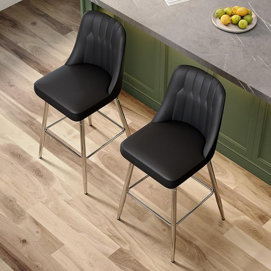 Black Bar Stools Set of 2,27" Counter Height Bar Stools Set of 2,Faux Leather Counter Stools with Soft Padded Seat & Curved Backrest,Modern Kitchen Island Chairs for Dining Café